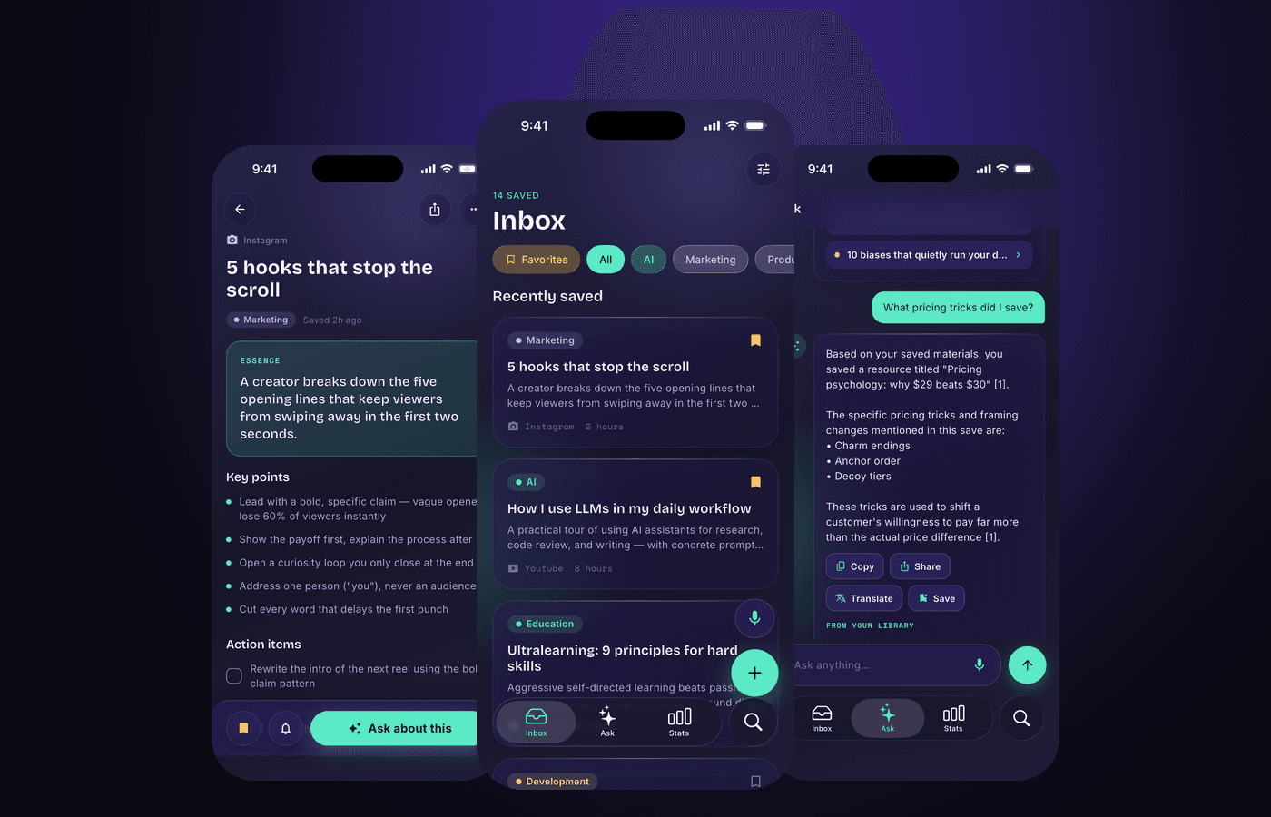 Inboxy AI — the inbox, item and ask screens of the iOS app on three phones