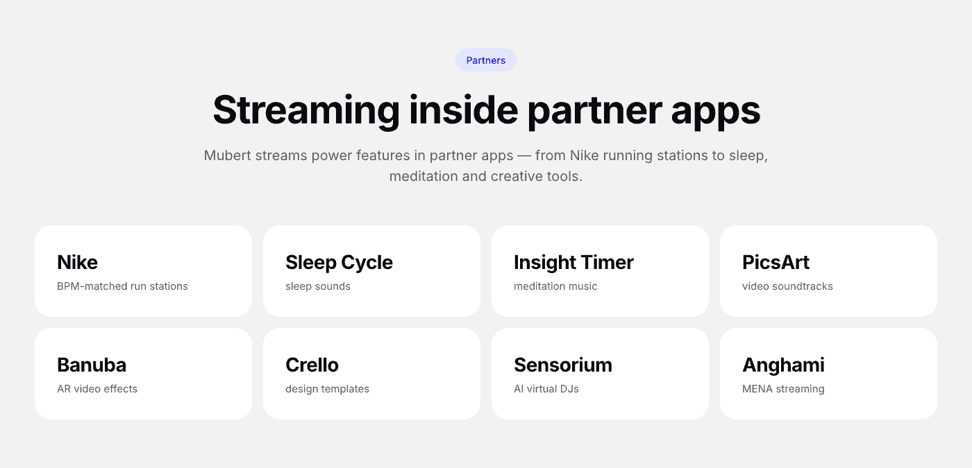 Partners — Nike, Sleep Cycle, Insight Timer, PicsArt, Banuba, Crello, Sensorium and Anghami