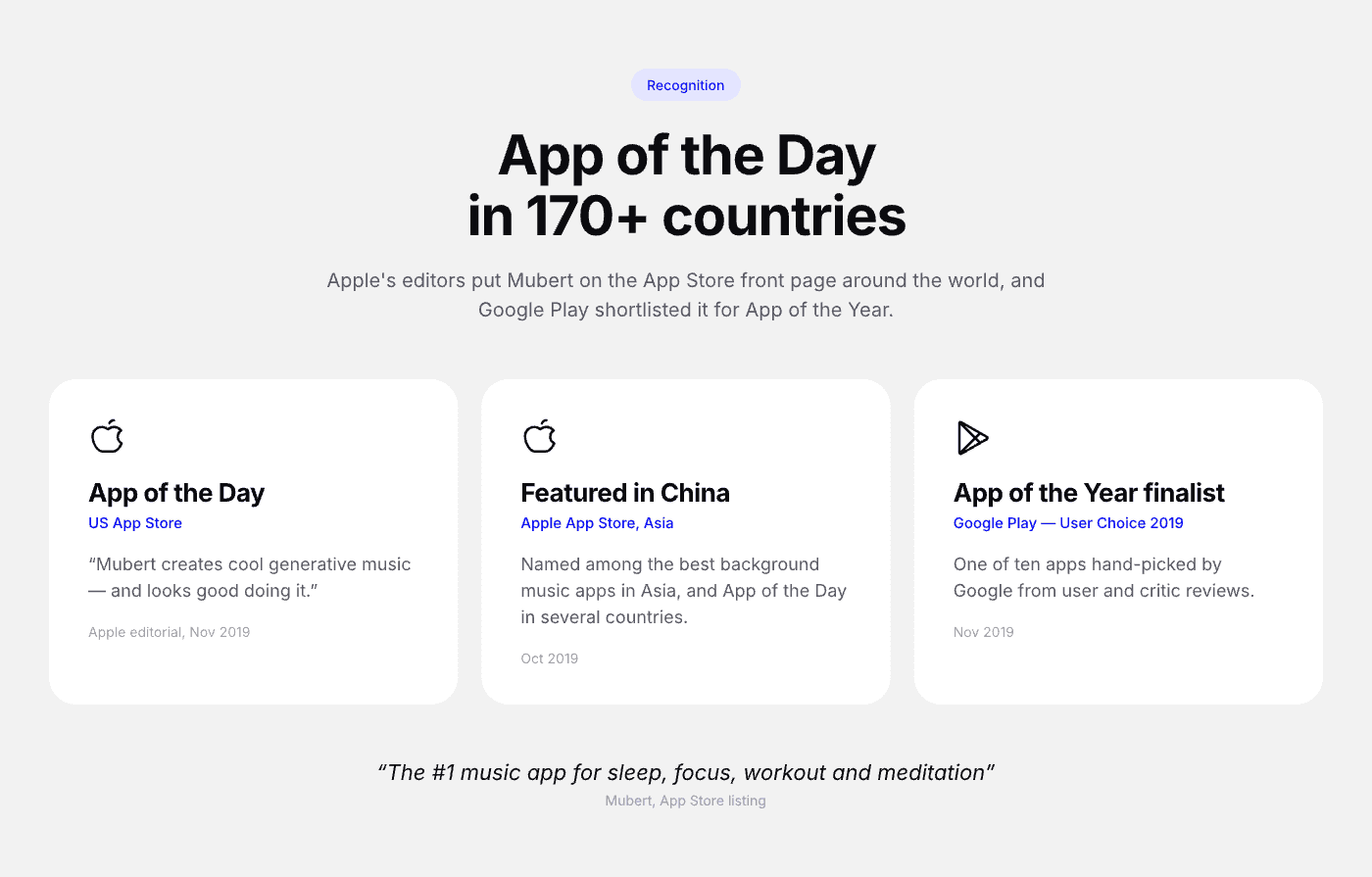 Recognition — App of the Day in 170+ countries, the Apple editorial quote and the Google Play App of the Year 2019 finalist spot