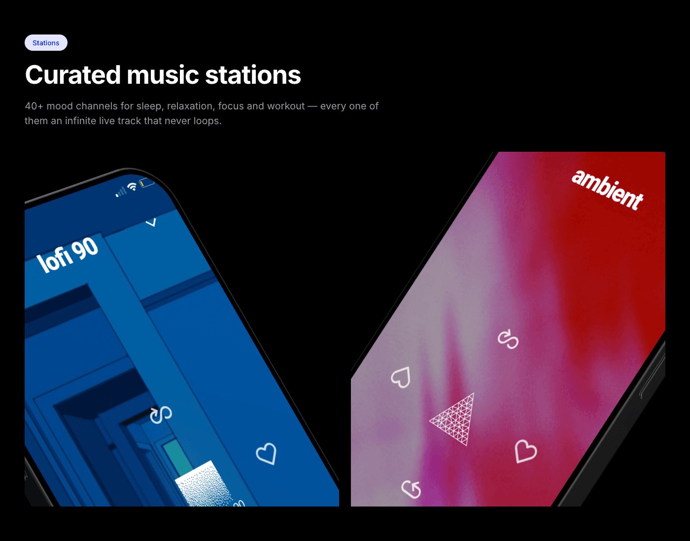 Curated music stations — the lofi and ambient station screens on two phones