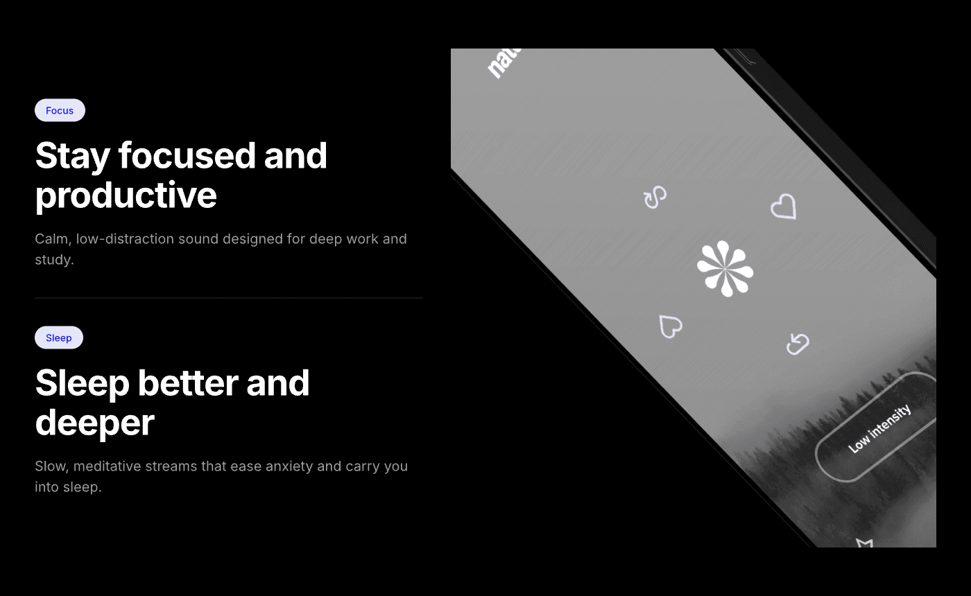 Focus and sleep — the nature station screen with the radial player controls