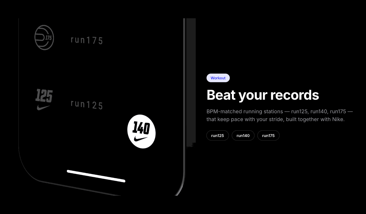 Workout — the BPM-matched run125, run140 and run175 stations built with Nike
