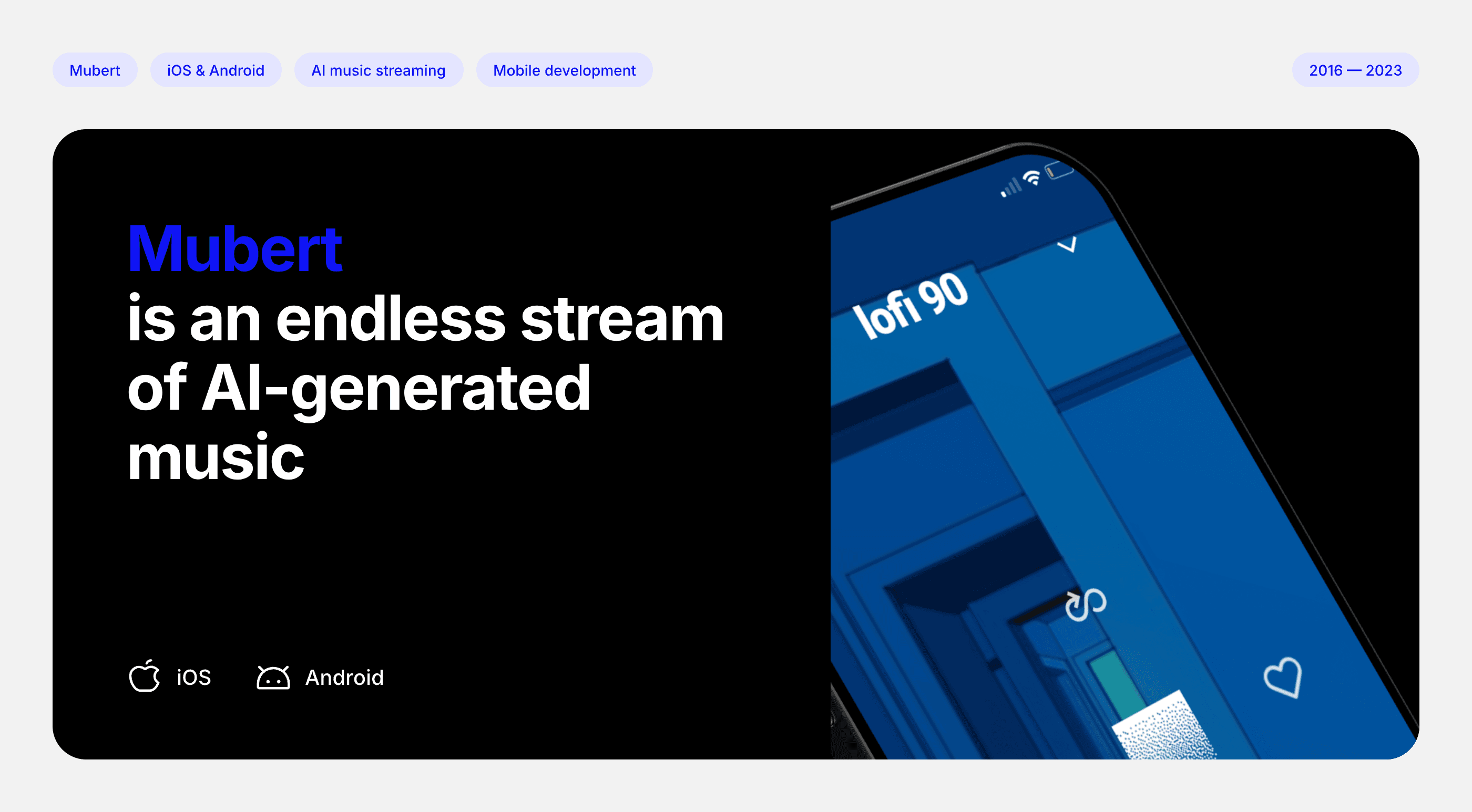 Mubert AI music streaming app — cover with the lofi station screen on a phone