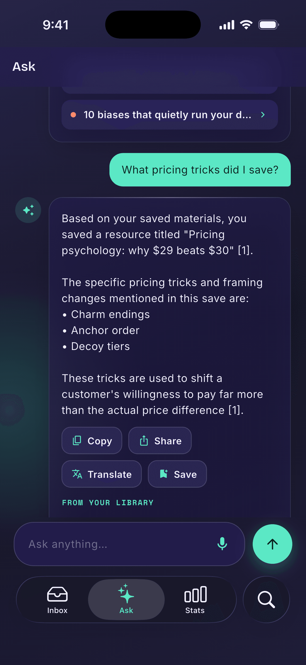 Inboxy iOS app — asking a question across everything saved