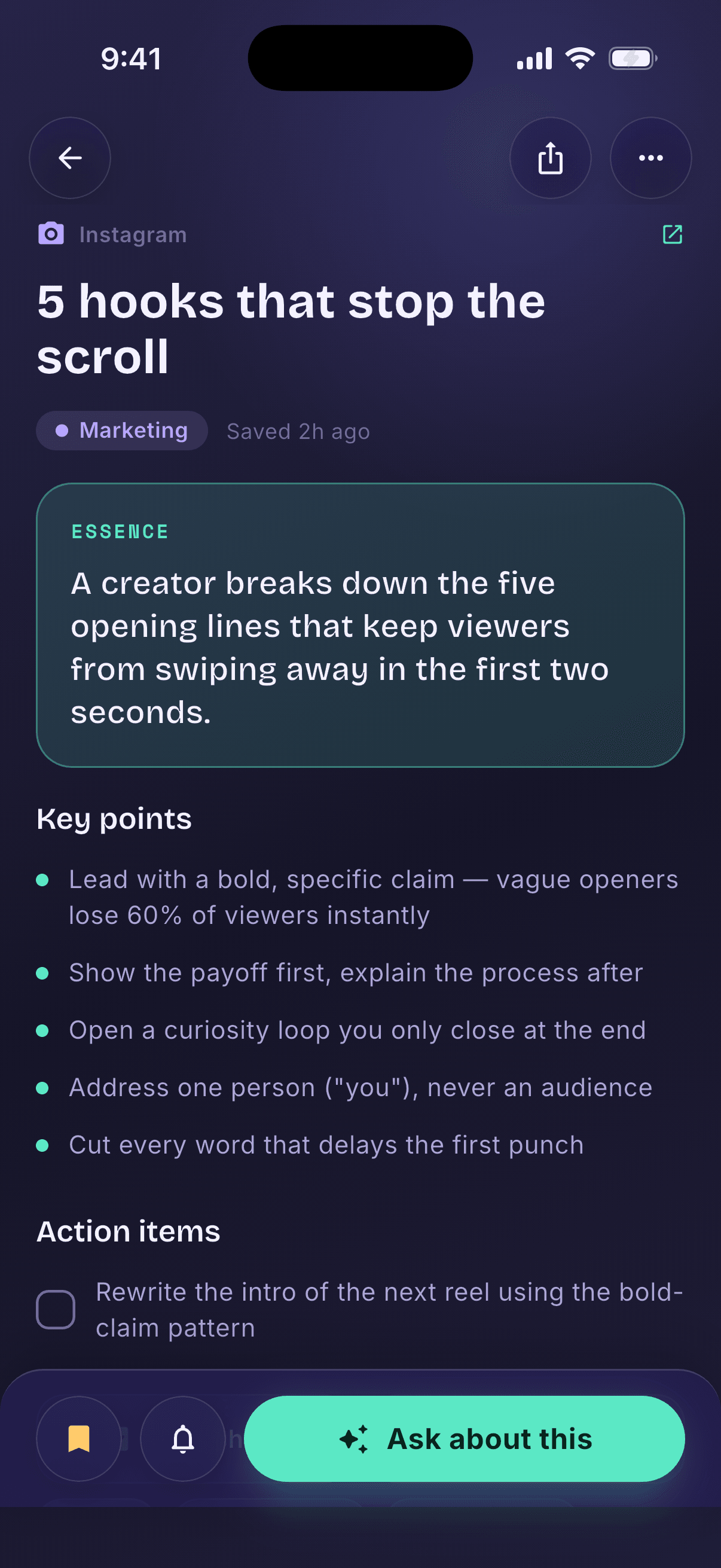 Inboxy iOS app — an item with its summary, key points and actions