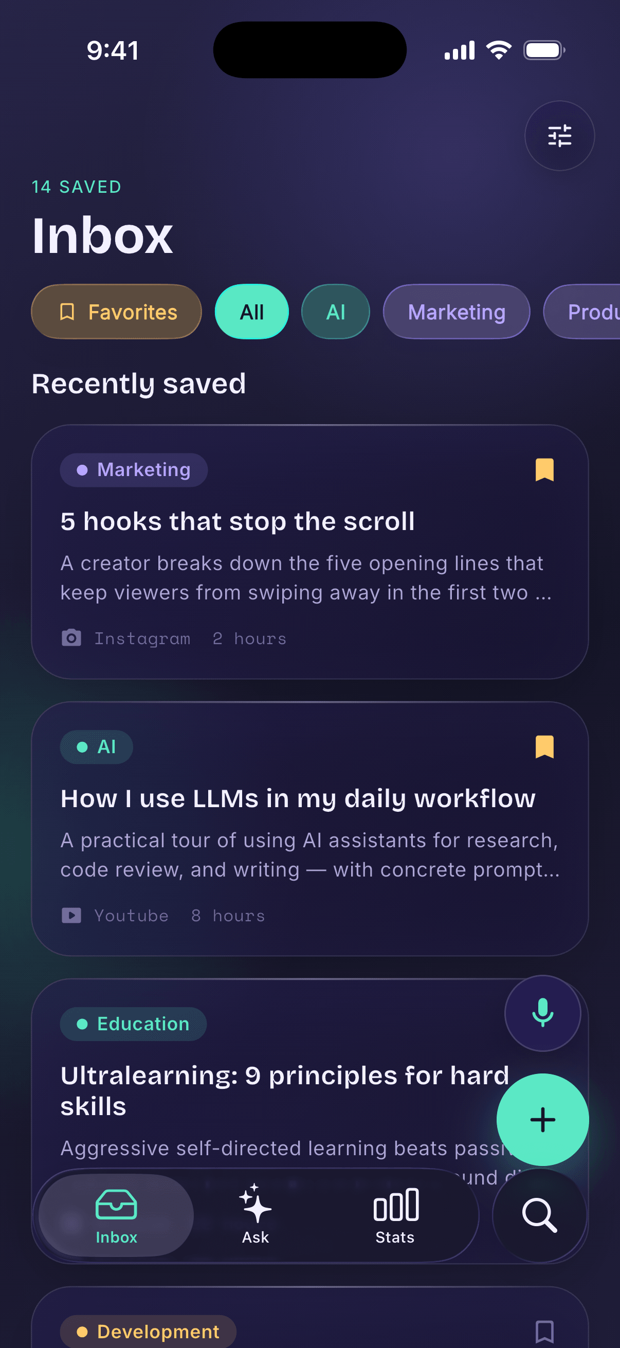 The Inboxy AI inbox on a phone — saved items with tags and search