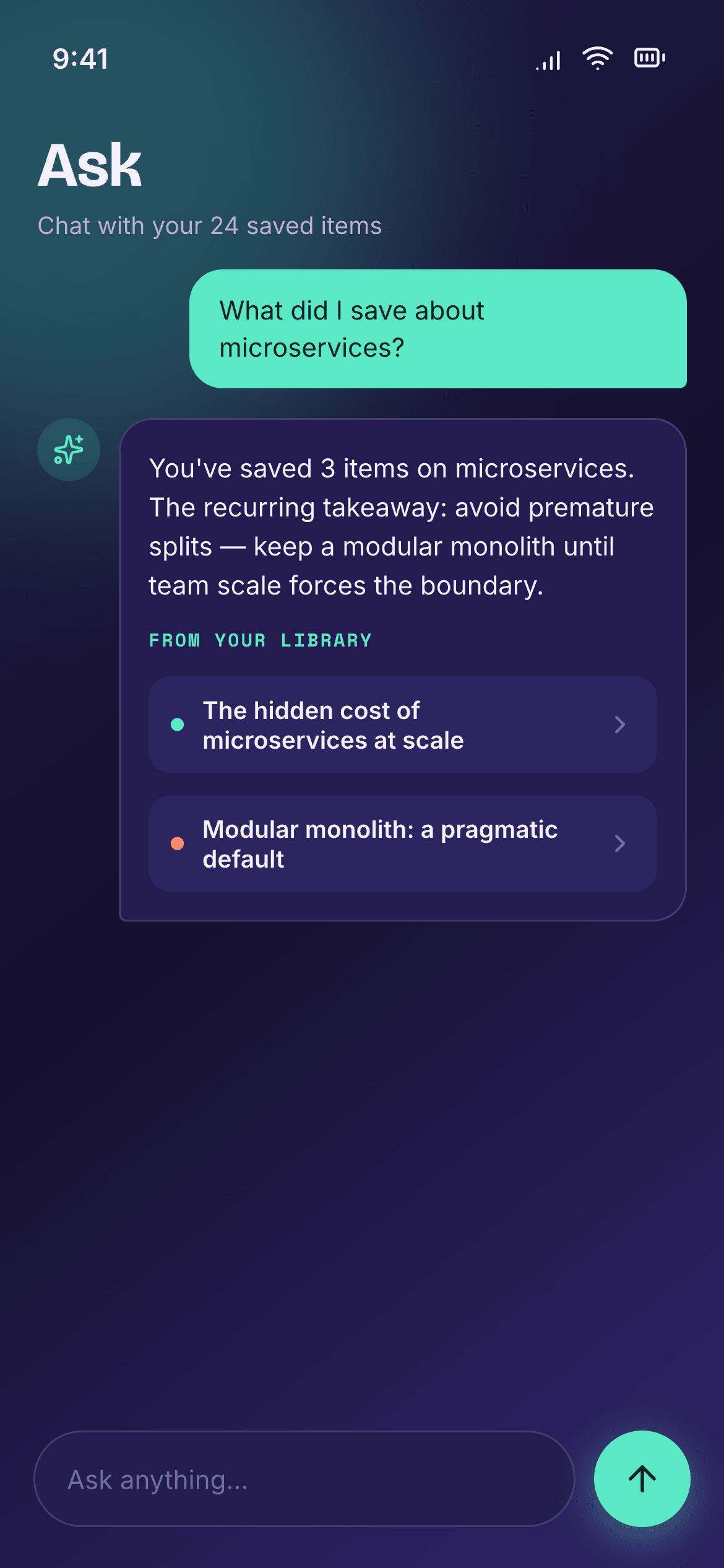 Design — the ask screen with an answer and its sources