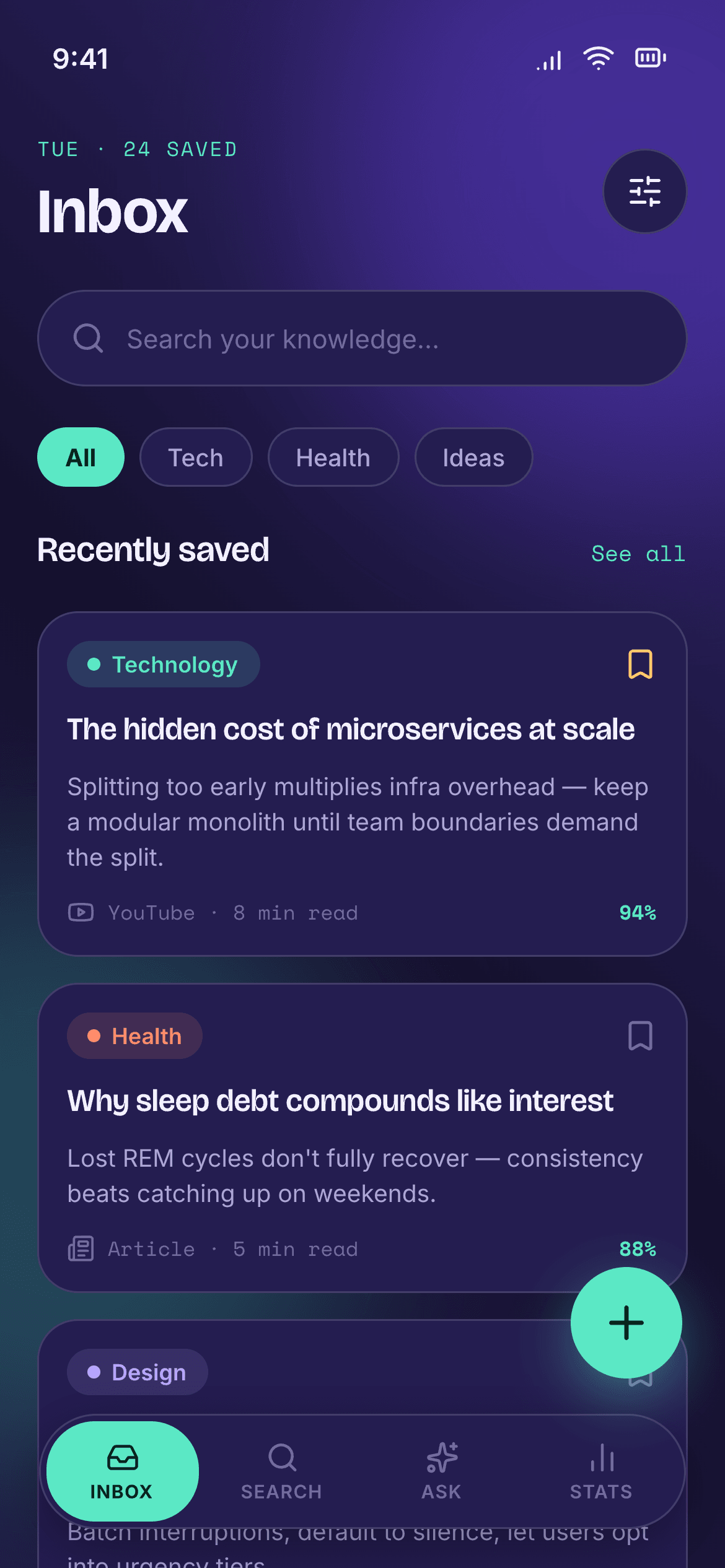 Design — the inbox, dark theme