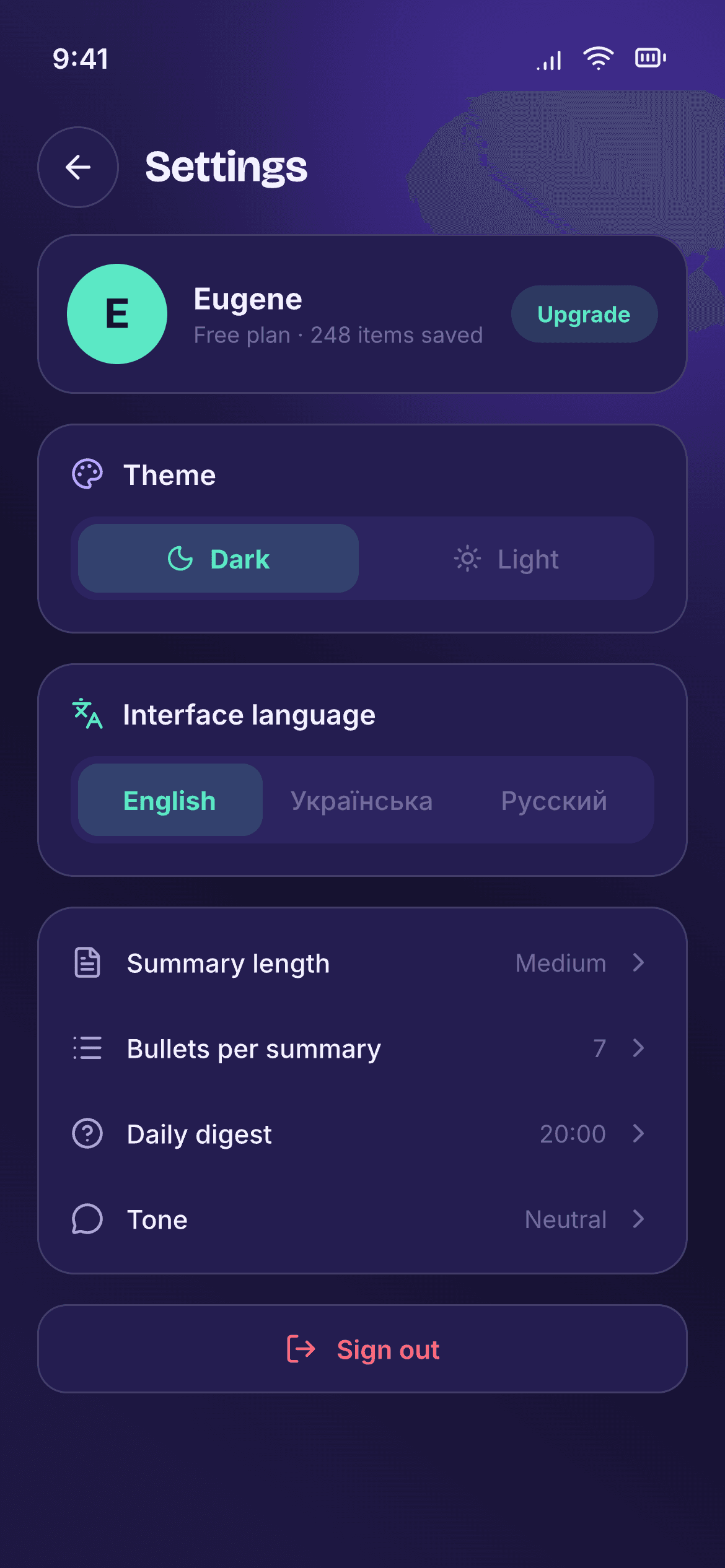 Design — settings with language, digest time and export