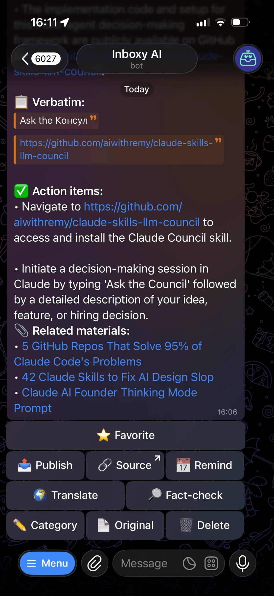 The Inboxy Telegram bot showing the actions under a saved item — ask, related, fact-check, share