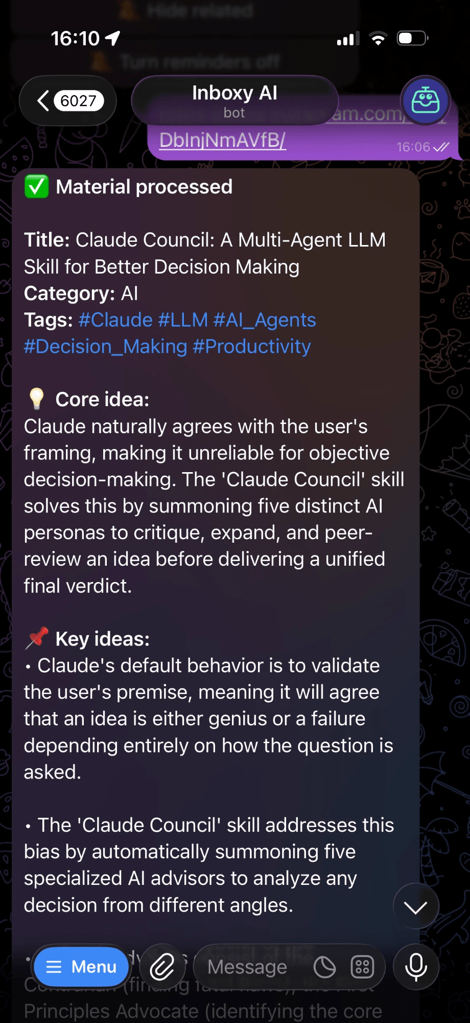 The Inboxy Telegram bot returning a summary with key points, tags and a category for a saved link