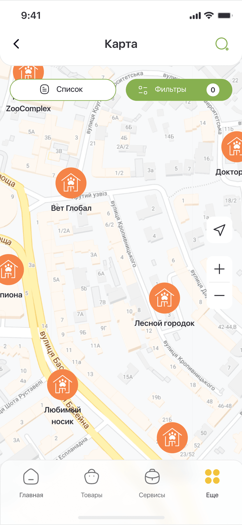 Map of clinics and services with pins and the list toggle