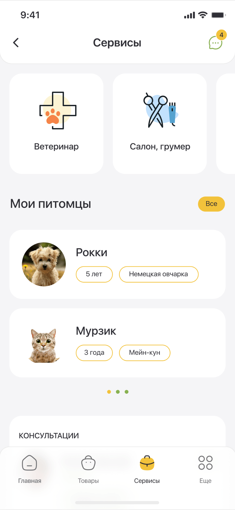 Services home — vet, groomer, my pets and consultations