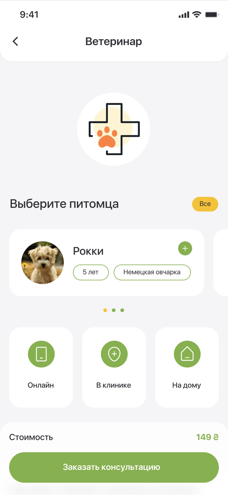 Veterinarian — choose the pet and the consultation type