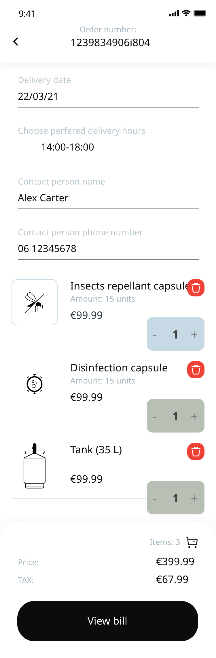 An order in progress with its delivery details