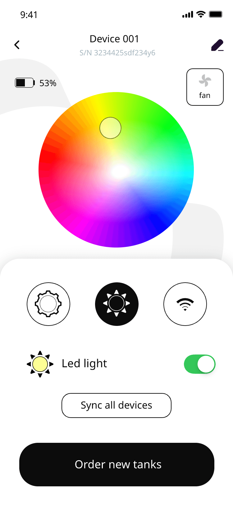 Device control with the LED colour wheel, fan modes and the LED light toggle