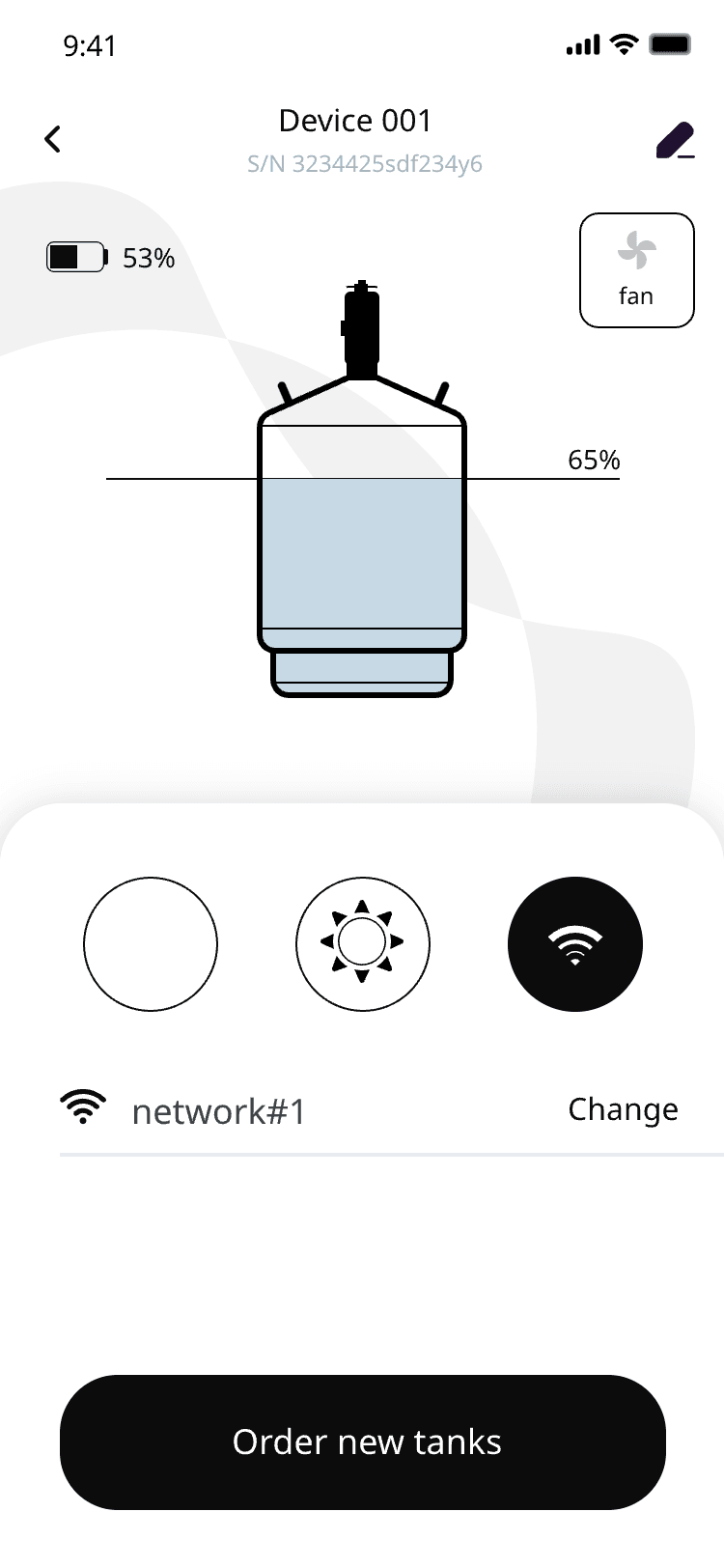 Device view with the tank at 65%, mode buttons and a maintenance date