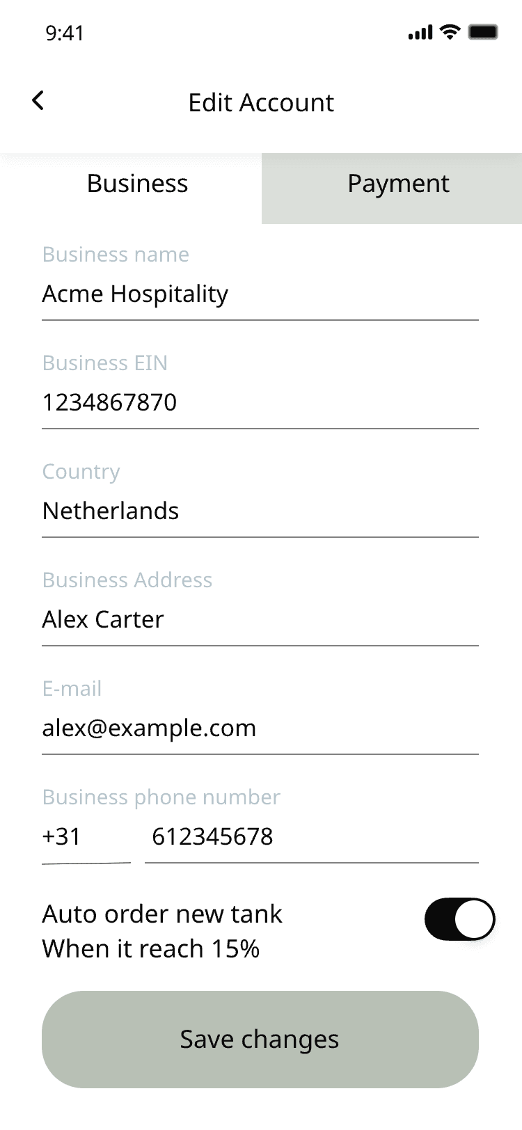Edit account — business tab with company name, EIN, country and address