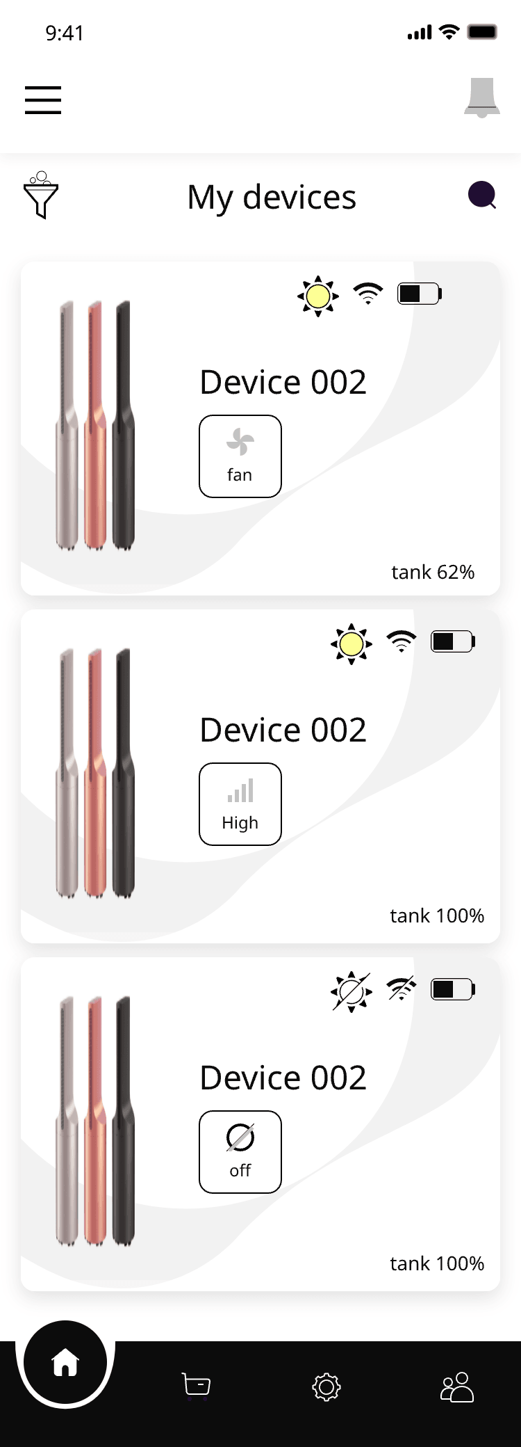 My devices — the list of towers with fan, LED, signal and tank level per device