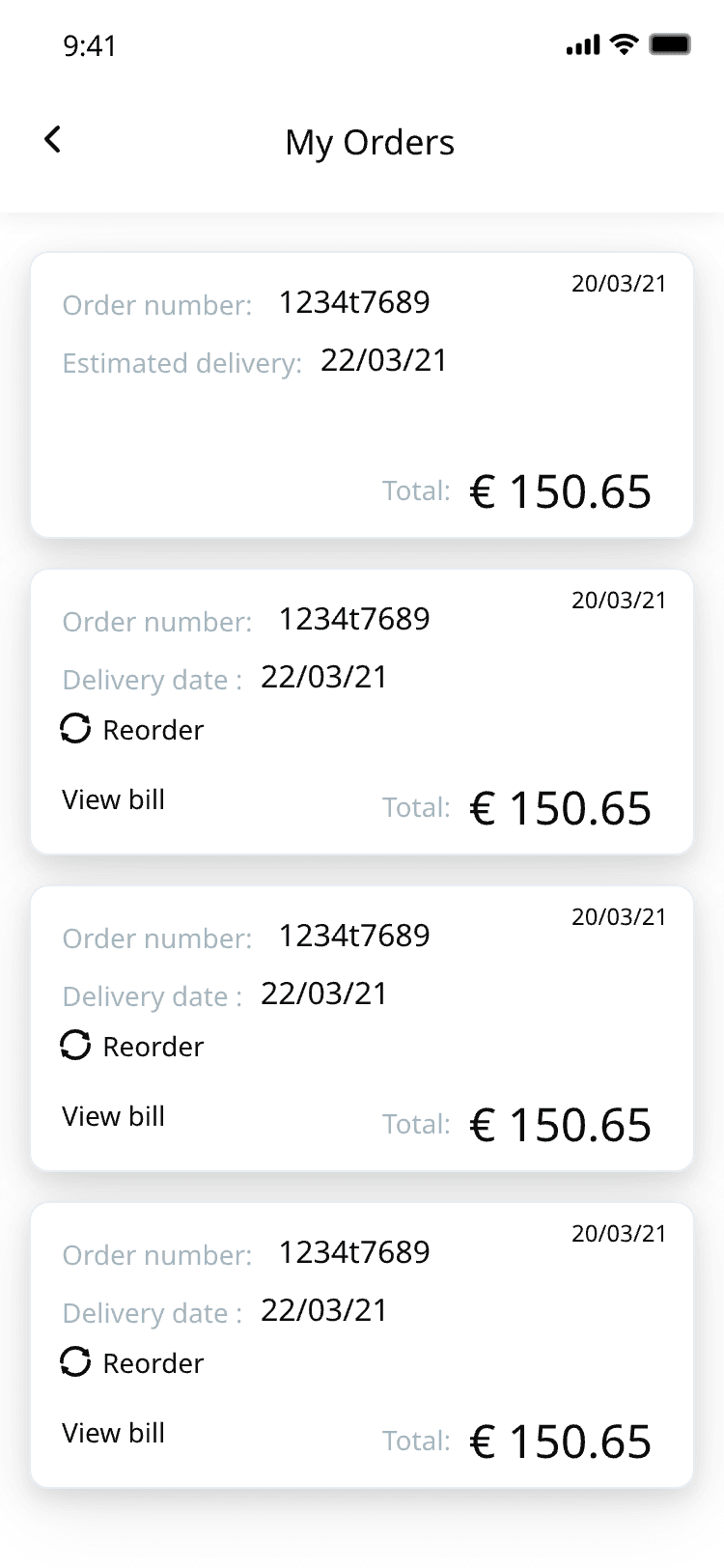 My orders — order history with totals, reorder and view-bill actions