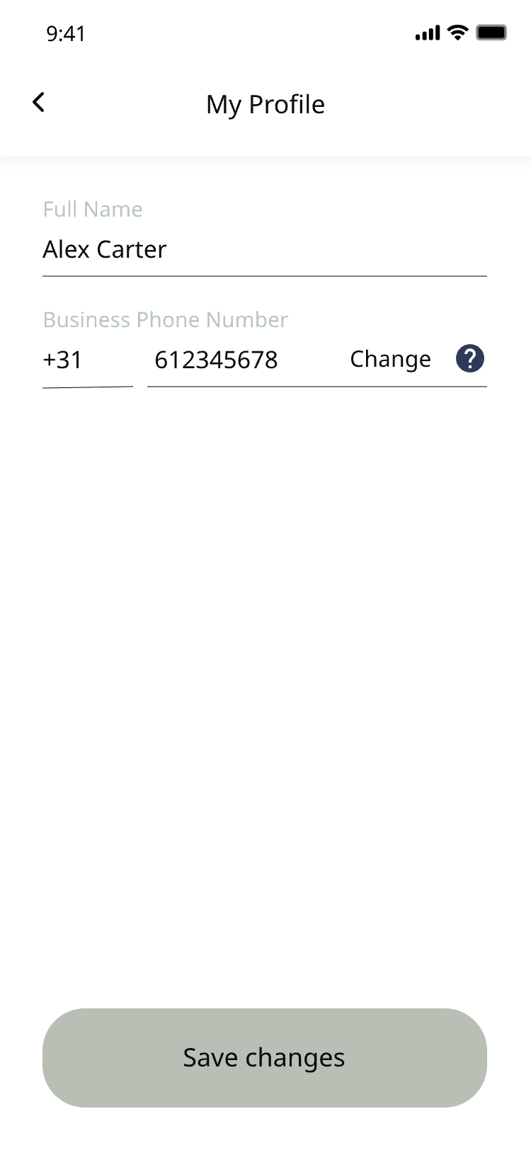 My profile with name and business phone number
