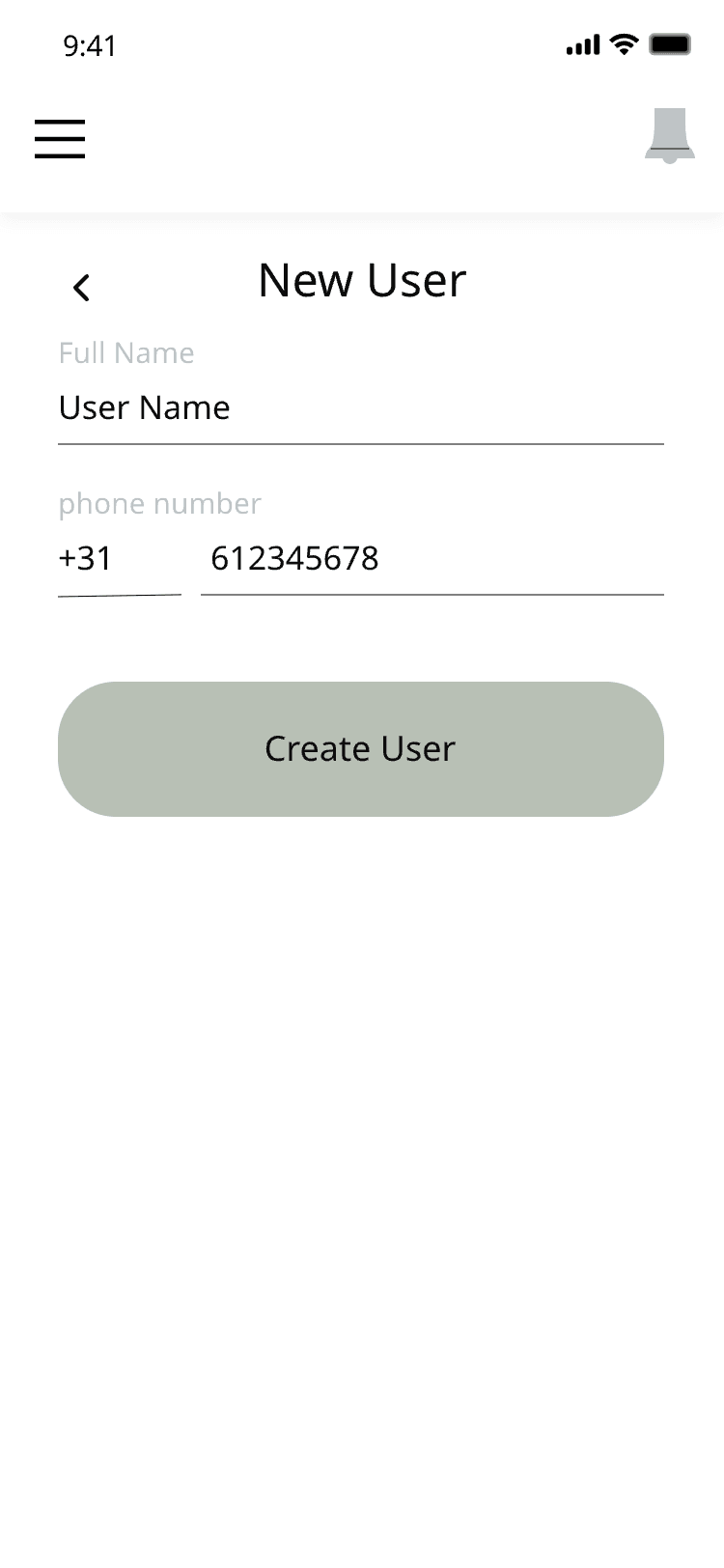 New user form with name and phone