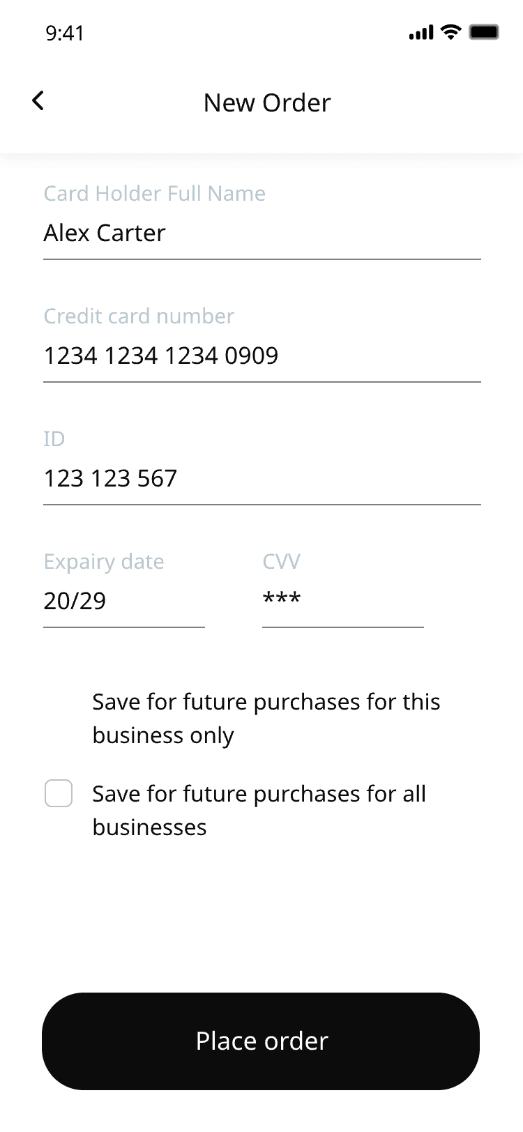 Card details form with the option to save the card for the business