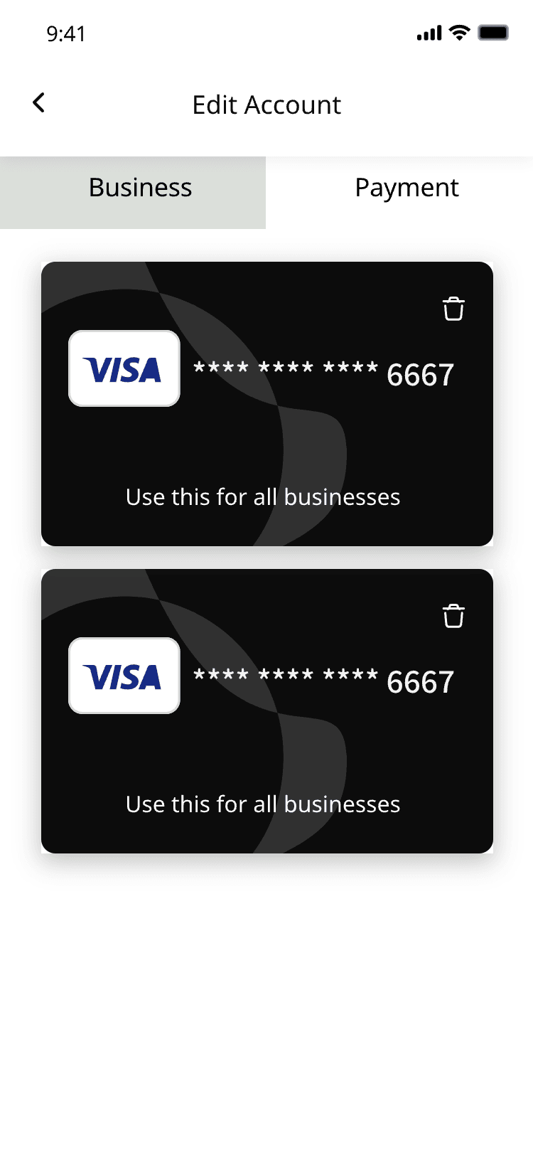 Saved Visa cards on the payment tab of the account