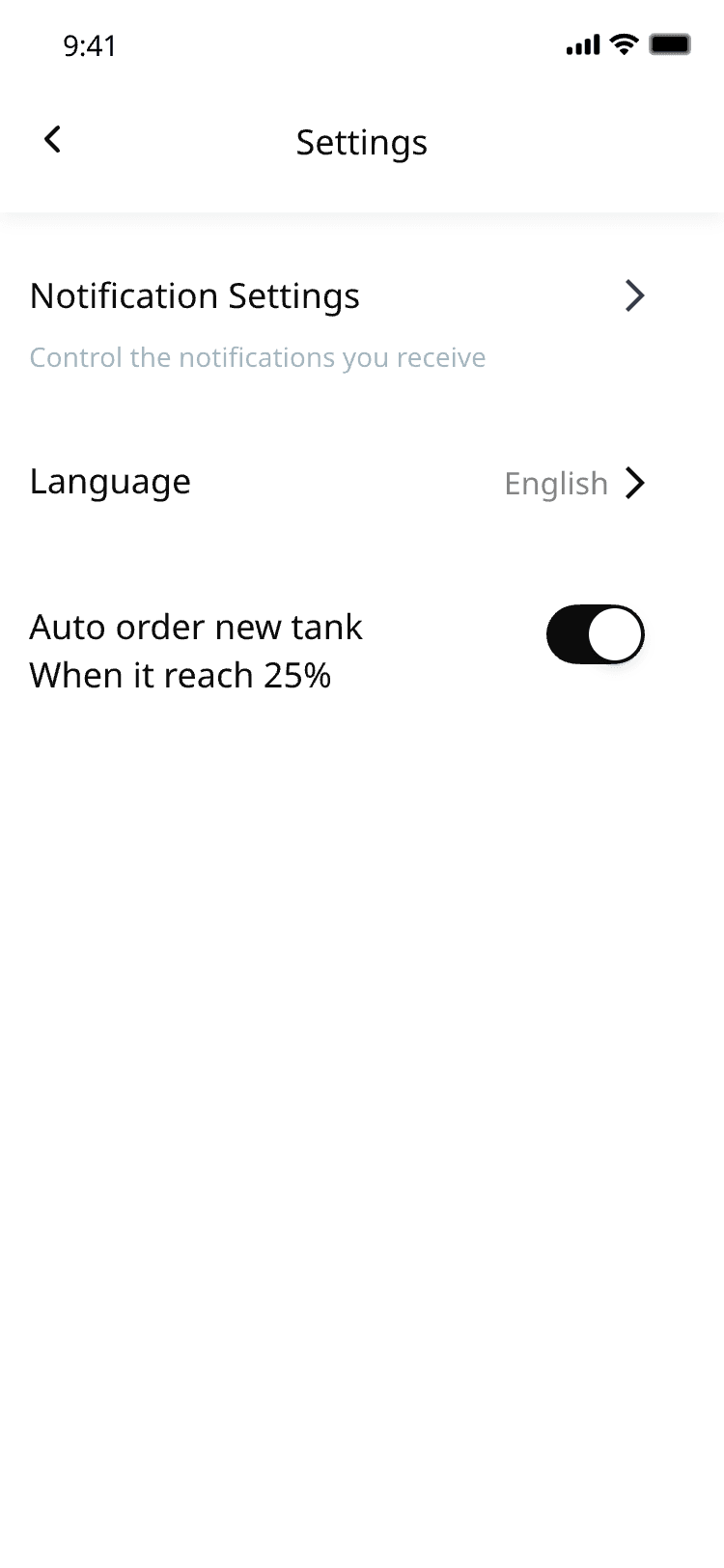 Settings — notifications, language and the auto-order threshold