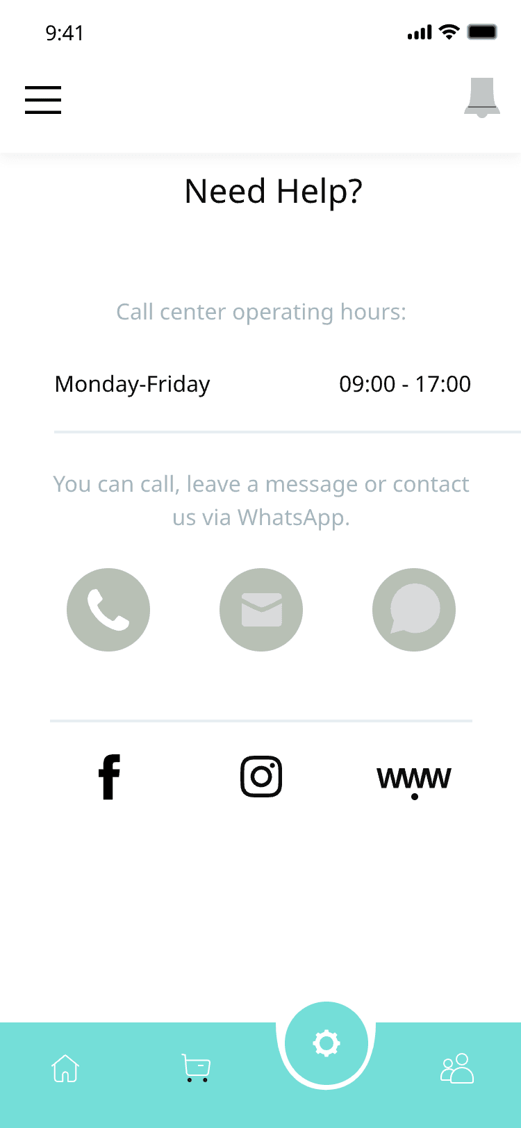Need help? — call-centre hours, phone, WhatsApp and social links