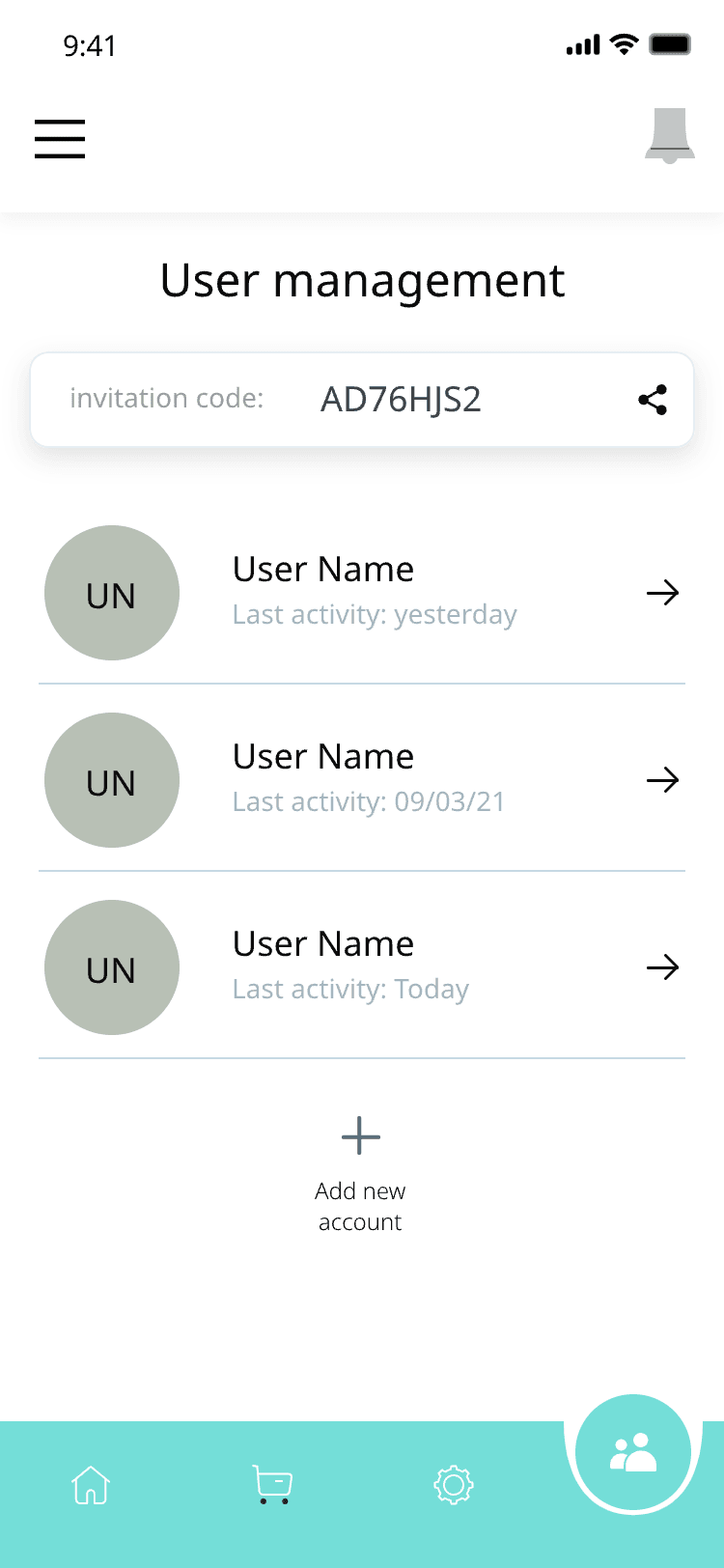 User management with the invitation code and the list of users